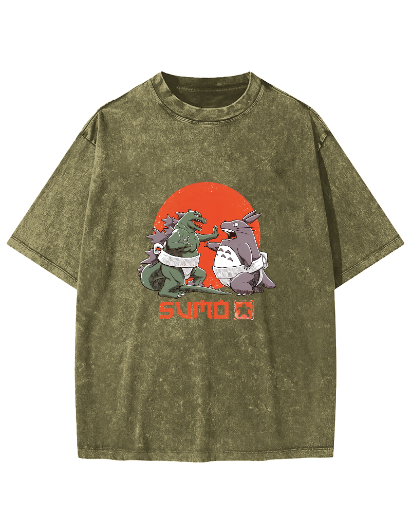 Japanese Style Cartoon Monster Pattern Vintage Distressed T-shirt-Zazasy