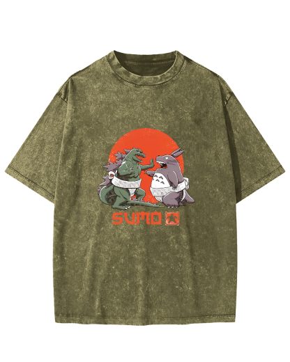 Japanese Style Cartoon Monster Pattern Vintage Distressed T-shirt-Zazasy