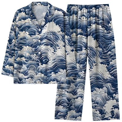 Japanese Wave Comfortable Long Sleeve Shirt and Pajama Set