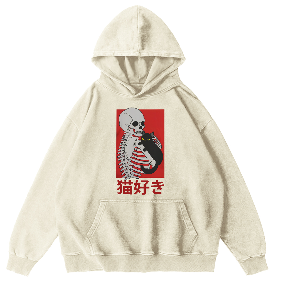 Skeleton and Cat Japanese Style Vintage Washed Hoodie-Zazasy
