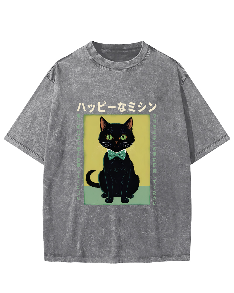 Cute kitten Japanese washed T-shirt-Zazasy