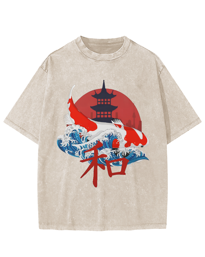 Japanese Style Koi Fish Vintage Distressed T-shirt-Zazasy