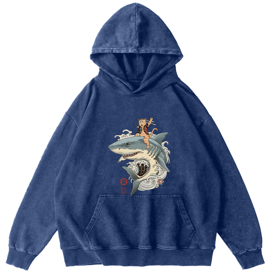 Cat Warrior Riding Shark Japanese Washed Hoodie-Zazasy