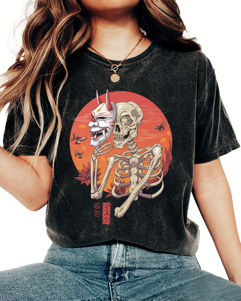 Mask Skeleton Japanese Vintage Distressed T-shirt-Zazasy