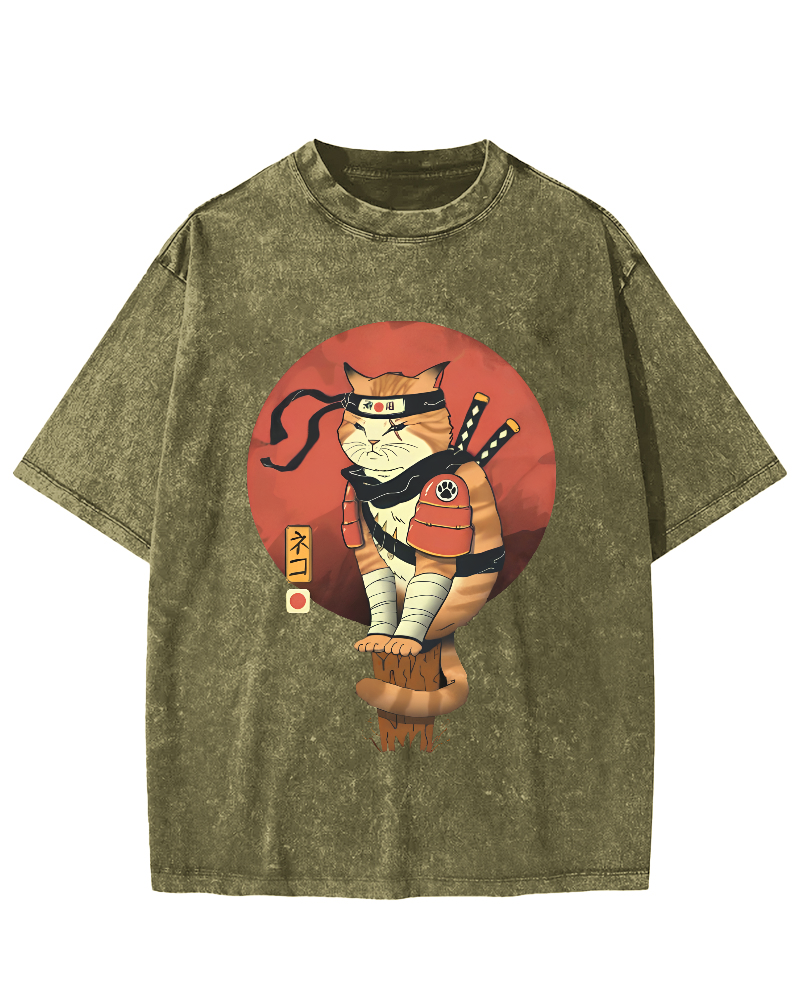 Abstract Samurai Cat Pattern Japanese Style Vintage Distressed T-shirt-Zazasy