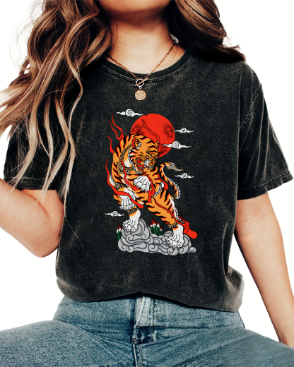 Japanese Sunrise Tiger Pattern Vintage Distressed T-shirt-Zazasy