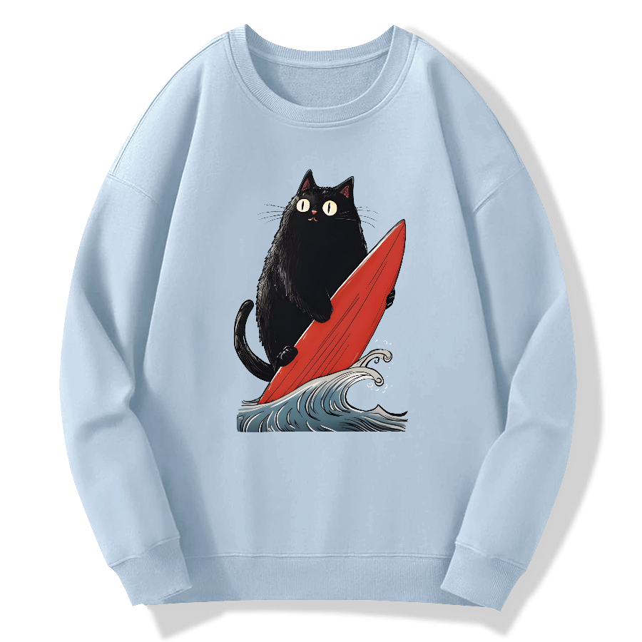 Black Cat Surfer Cotton Pullover Sweatshirt