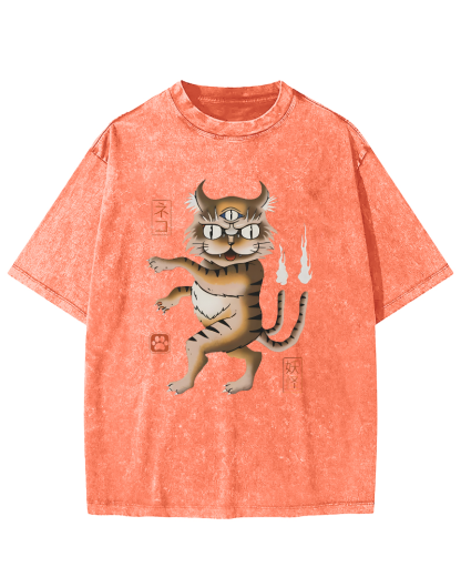 Cat Monster Japanese Vintage Washed T-shirt-Zazasy