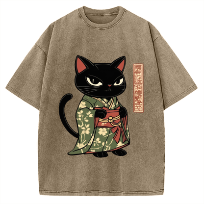 Japanese Cat Geisha Vintage Washed T-shirt