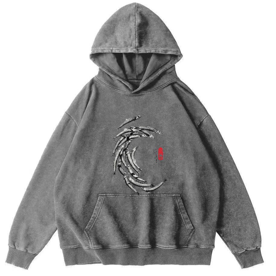 Japanese School Of Fish Pattern Vintage Distressed Hoodie-Zazasy