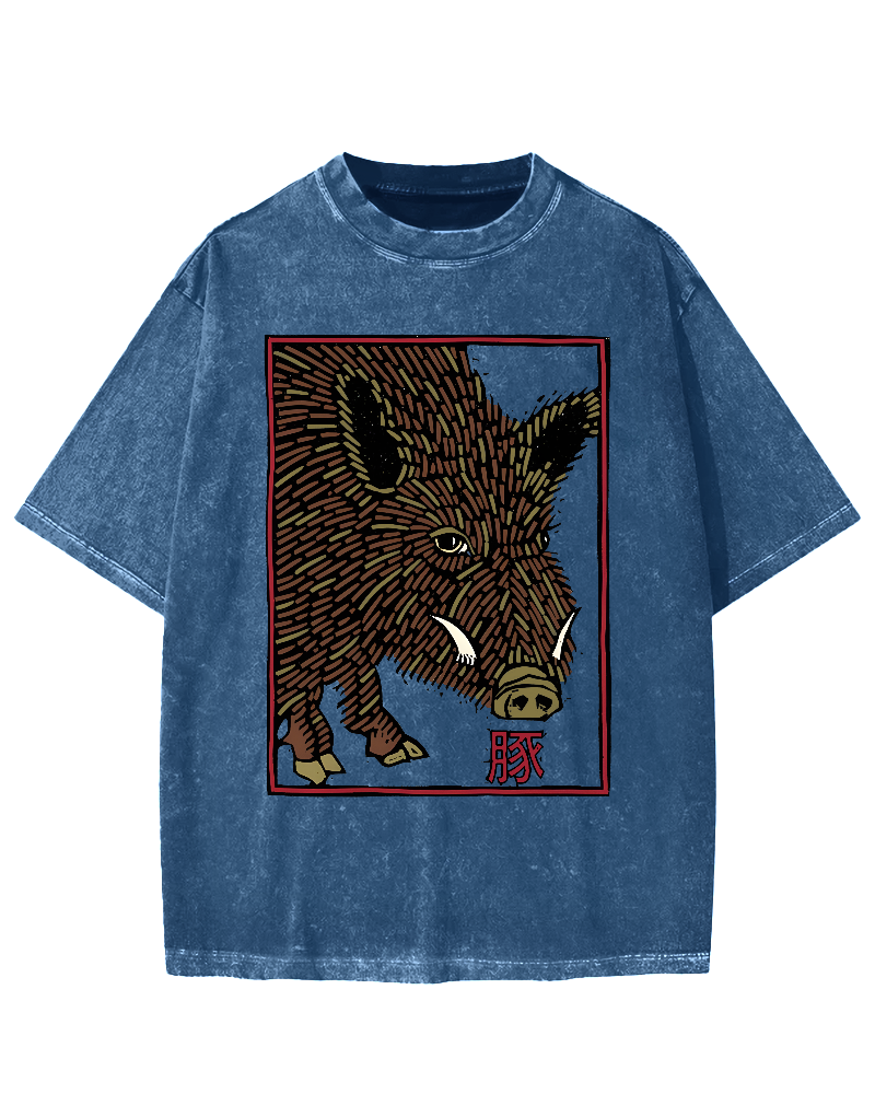 Woodcut Pig Vintage Washed T-shirt