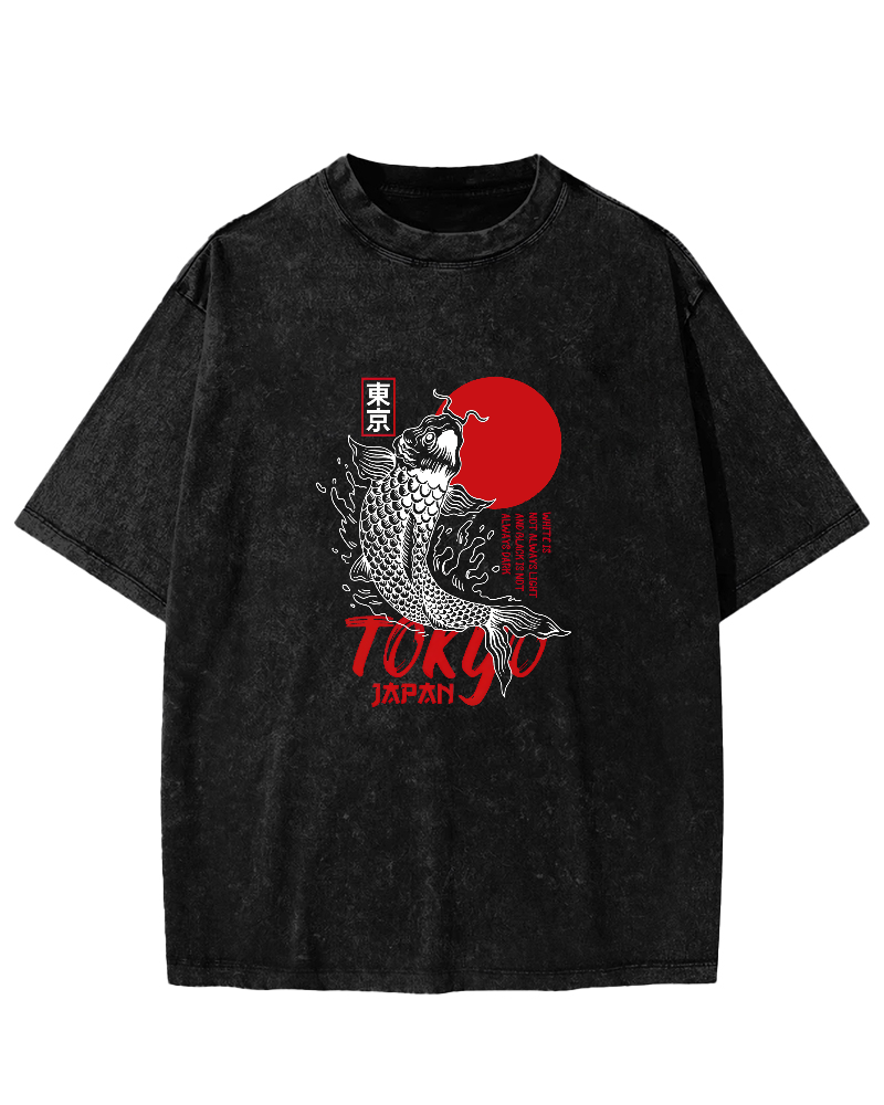 Tokyo Koi Pattern Vintage Distressed T-shirt-Zazasy