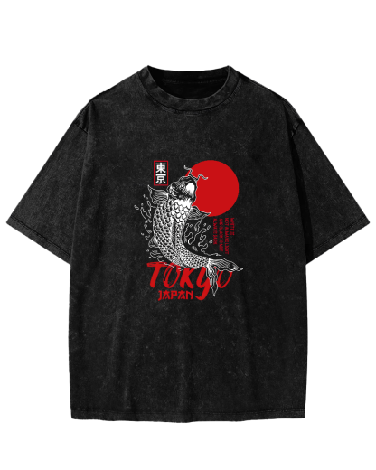 Tokyo Koi Pattern Vintage Distressed T-shirt-Zazasy