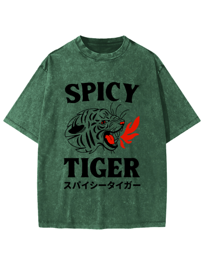 Eating Too Spicy Tiger Japanese Style Food Vintage Washed T-shirt-Zazasy