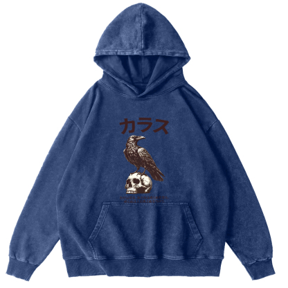 Crow Pattern Japanese Style Vintage Distressed Hoodie-Zazasy