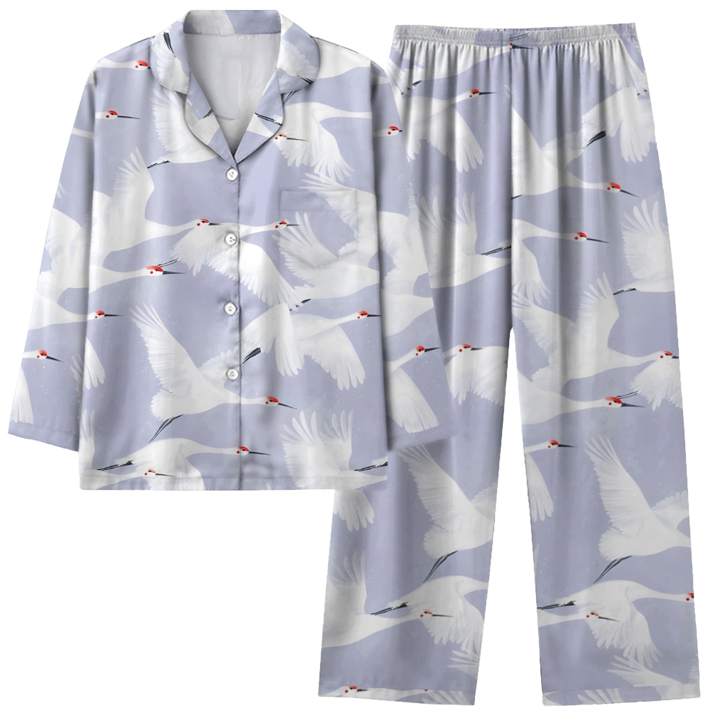 Japanese style crane group comfortable long sleeved shirt pajama set