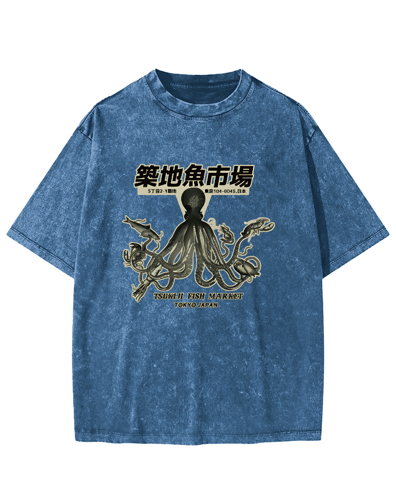 Japanese Octopus Pattern Vintage Distressed T-shirt-Zazasy