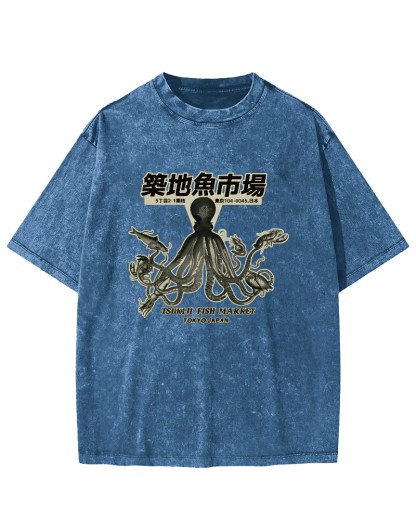 Japanese Octopus Pattern Vintage Distressed T-shirt-Zazasy