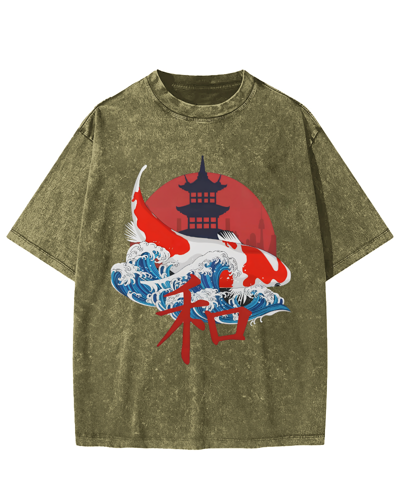 Japanese Style Koi Fish Vintage Distressed T-shirt-Zazasy