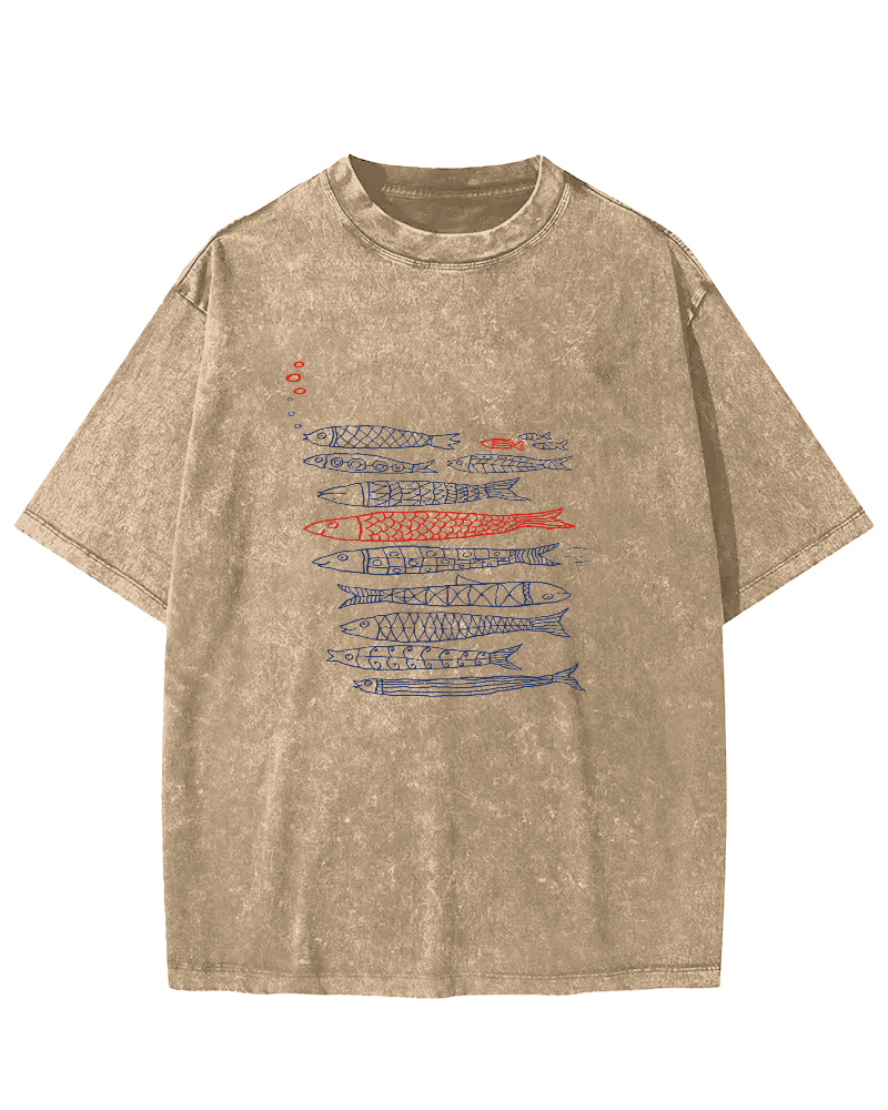 Retro Fish Pattern Vintage Distressed T-shirt-Zazasy