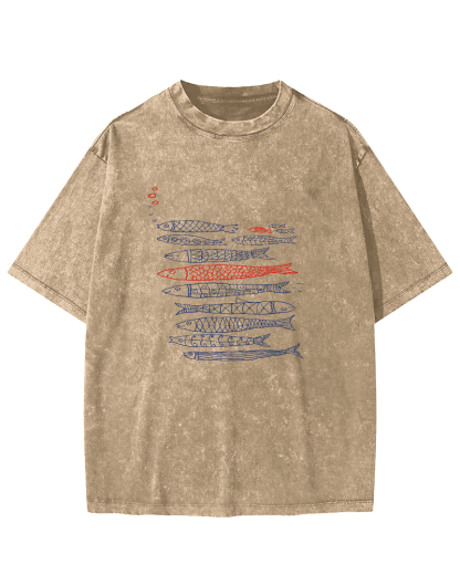 Retro Fish Pattern Vintage Distressed T-shirt-Zazasy