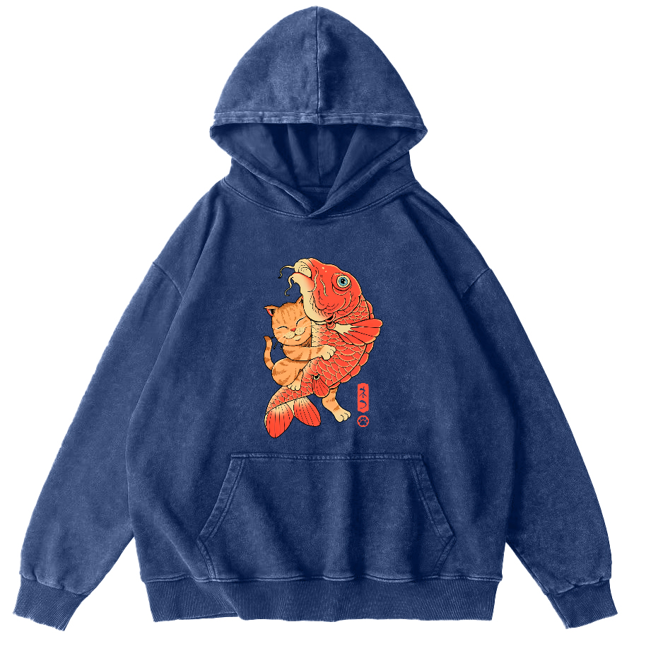 Cat Embracing Koi Fish Vintage Distressed Hoodie-Zazasy