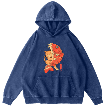 Cat Embracing Koi Fish Vintage Distressed Hoodie-Zazasy