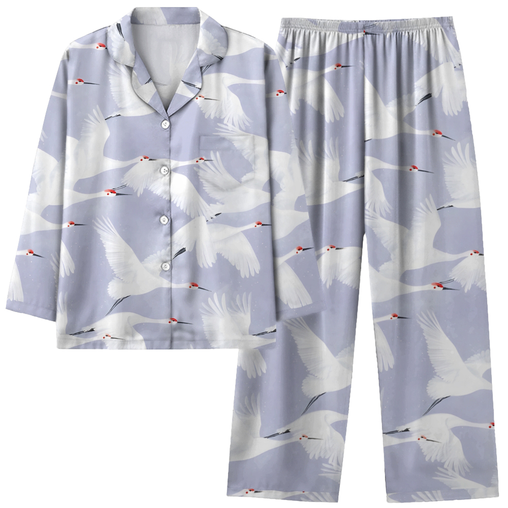 Japanese style crane group comfortable long sleeved shirt pajama set