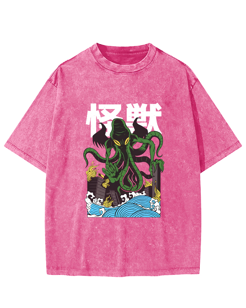 Japanese Octopus Pattern Vintage Distressed T-shirt-Zazasy