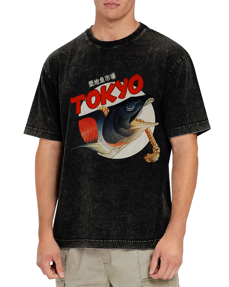 Tokyo Tsukiji Fish Market Vintage Washed T-shirt-Zazasy