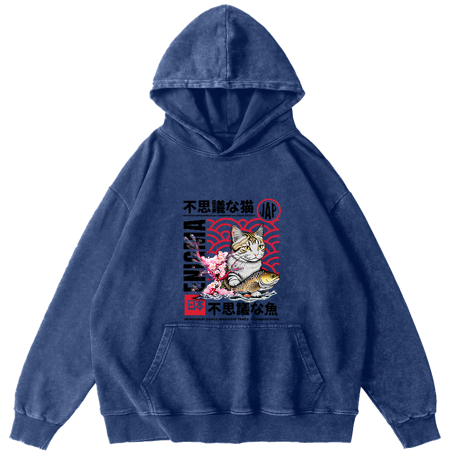 Japanese Cat Pattern Vintage Distressed Hoodie-Zazasy