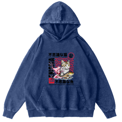 Japanese Cat Pattern Vintage Distressed Hoodie-Zazasy