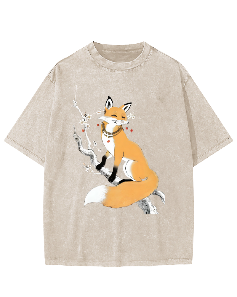 Fox Landscape Painting Japanese Style Vintage Washed T-shirt-Zazasy
