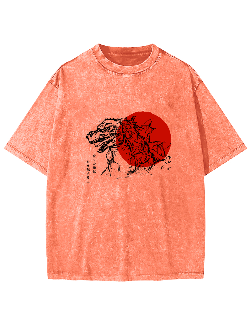 Sunrise Monster Pattern Japanese Style Vintage Distressed T-shirt-Zazasy