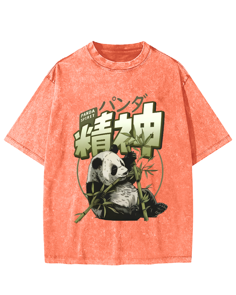 Panda Who Loves Bamboo, Japanese Style Vintage Washed T-shirt-Zazasy