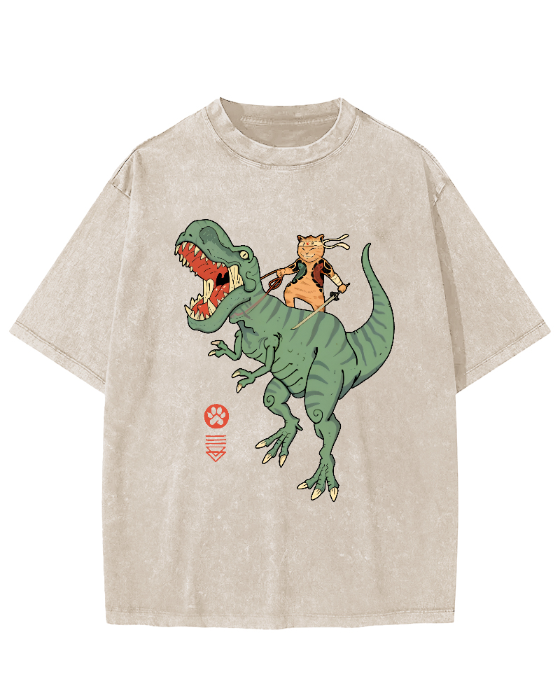 Japanese Style Warrior Cat Riding a Dinosaur Vintage Distressed T-shirt-Zazasy