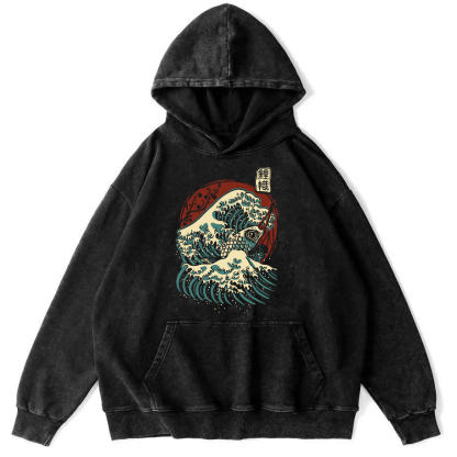 Koi in the Waves, Japanese Style Vintage Washed Hoodie-Zazasy