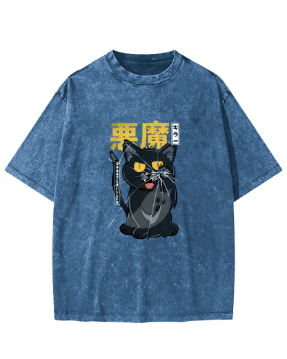 Retro Mischievous Cat Pattern Vintage Distressed T-shirt-Zazasy