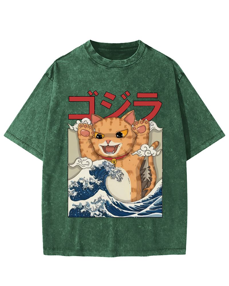 Cat in the Waves, Japanese Style Vintage Washed T-shirt-Zazasy