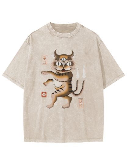 Cat Monster Japanese Vintage Washed T-shirt-Zazasy