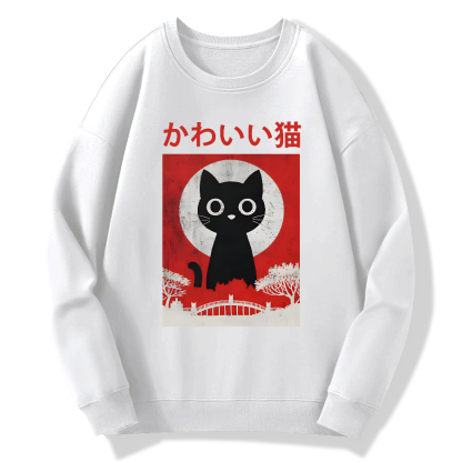 Retro Cute Black Cat Cotton Pullover Sweatshirt