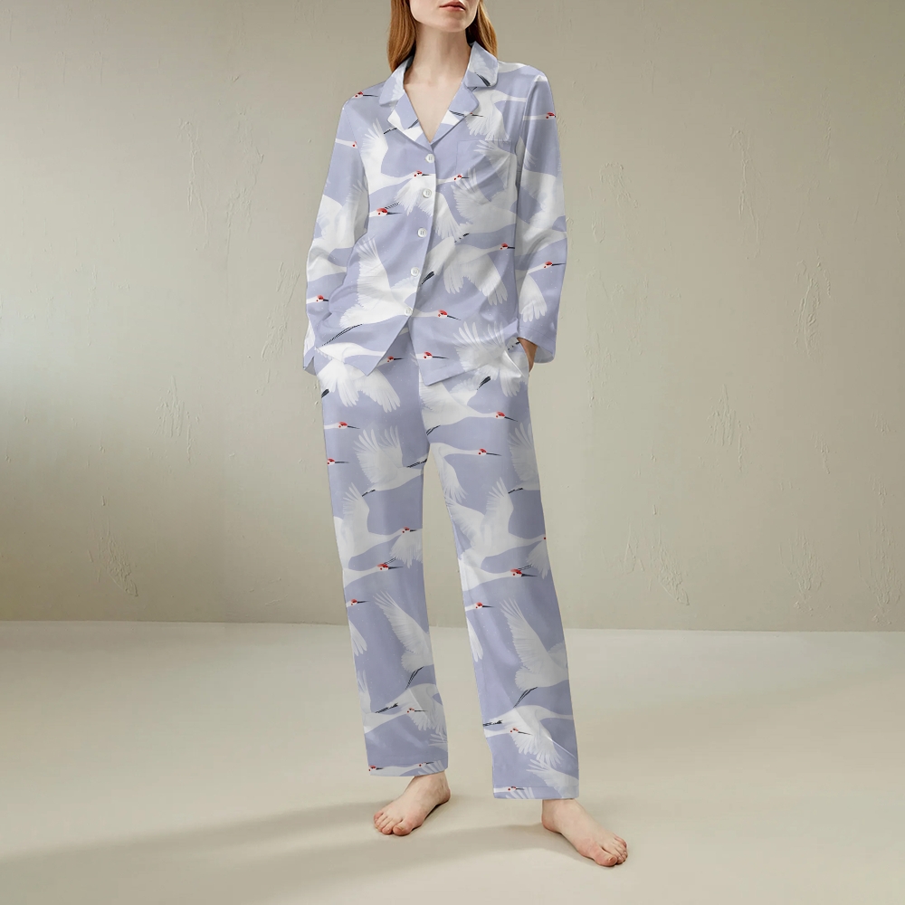 Japanese style crane group comfortable long sleeved shirt pajama set