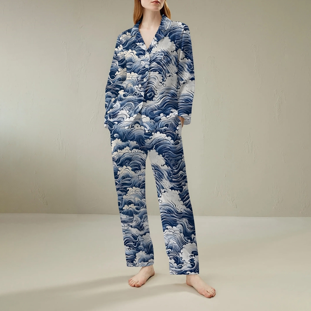 Japanese Wave Comfortable Long Sleeve Shirt and Pajama Set