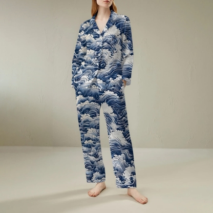 Japanese Wave Comfortable Long Sleeve Shirt and Pajama Set