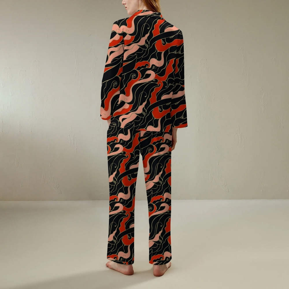 Japanese retro geometric color blocked long sleeved shirt and pajama set