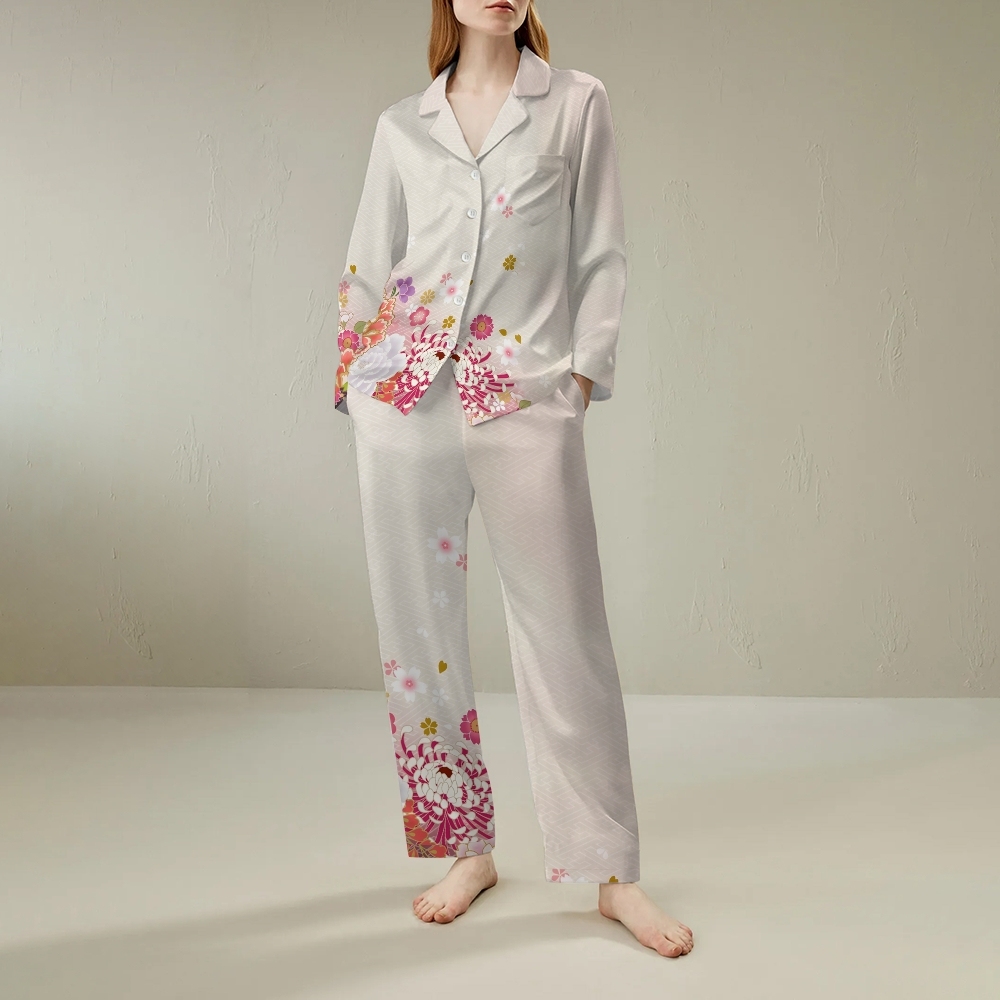 apanese retro floral long sleeved shirt pajama set