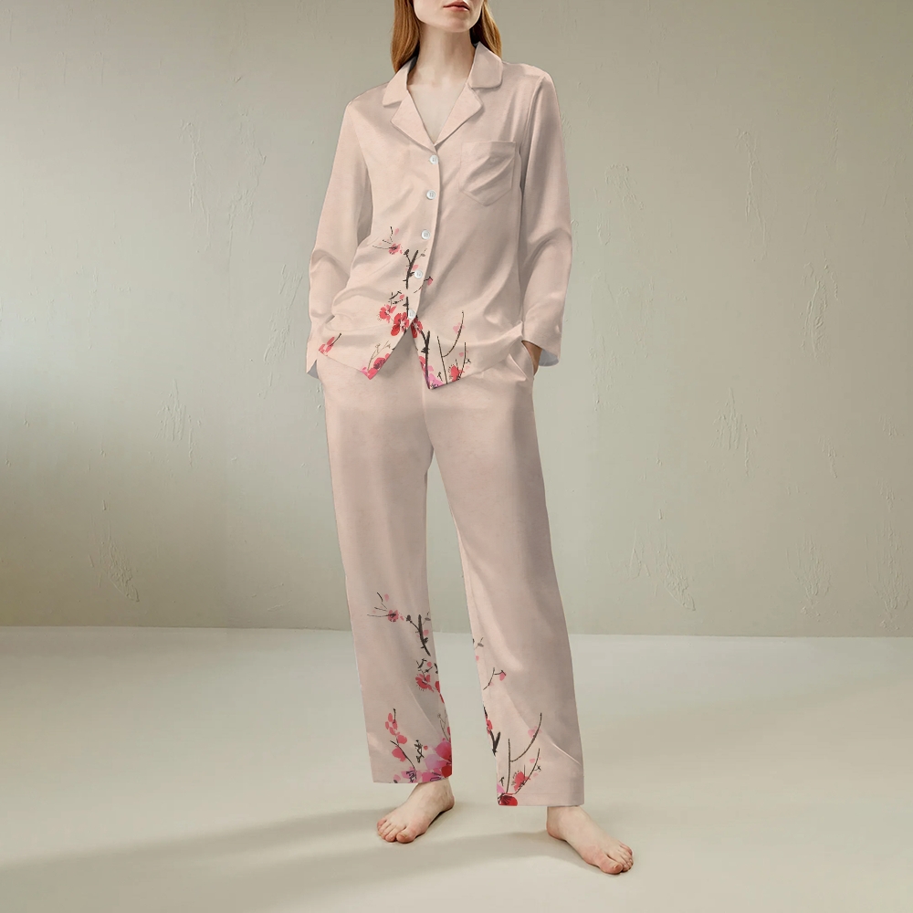 Japanese style minimalist plum blossom long sleeved shirt and pajama set