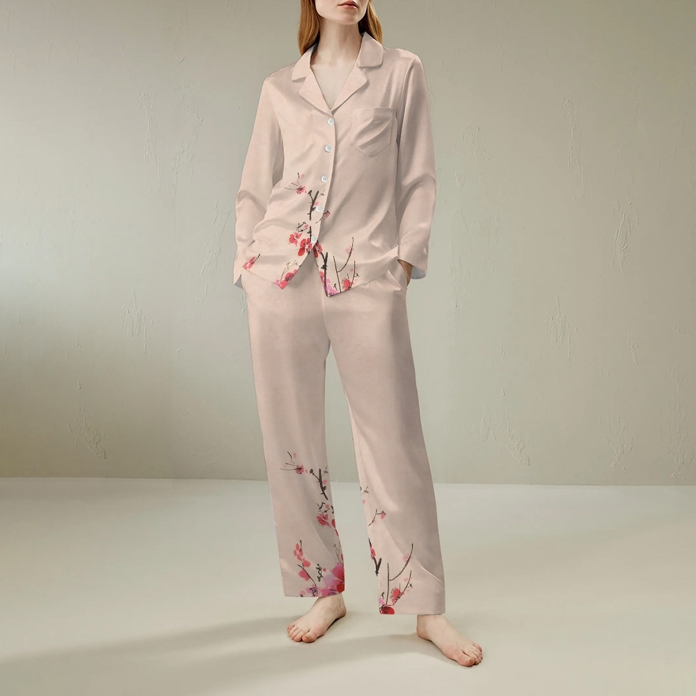 Japanese style minimalist plum blossom long sleeved shirt and pajama set