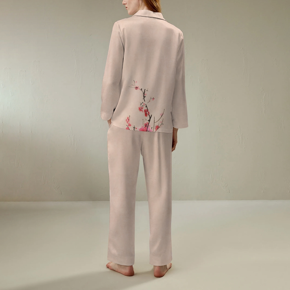 Japanese style minimalist plum blossom long sleeved shirt and pajama set