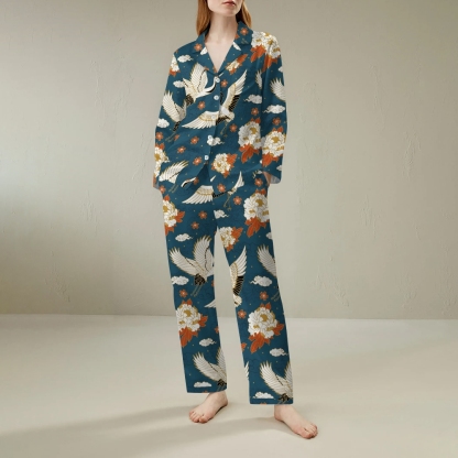 Japanese retro flying crane comfortable long sleeved shirt pajama set